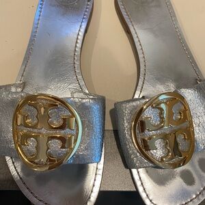 Tory Burch Grania metallic Silver and Gold Slide- used
